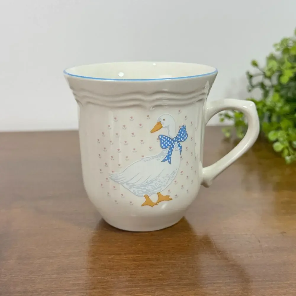 Vintage Aunt Rhody Goose Mugs Brick Oven Stoneware Blue Bow Cottage Core